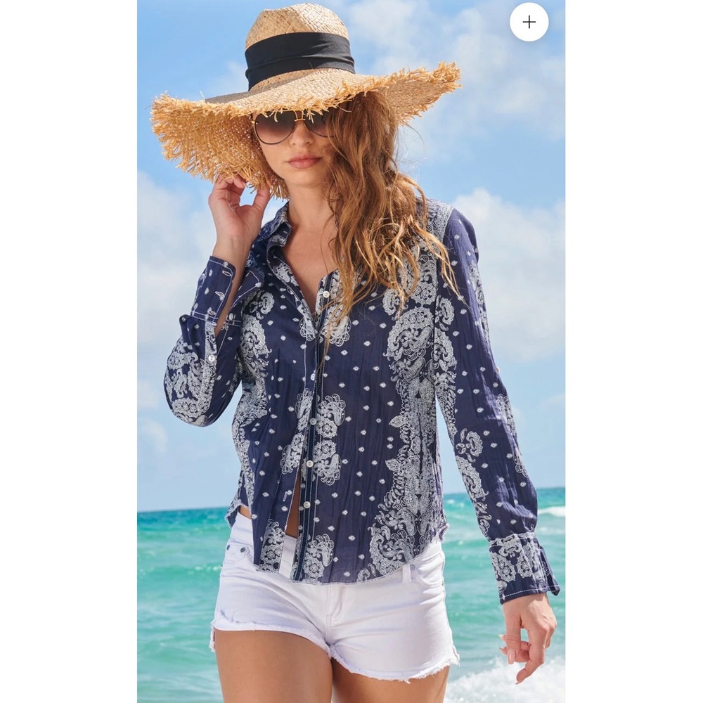 Cino | Vintage Bandana Dark Indigo Button Down Shirt Blue White Sz XS